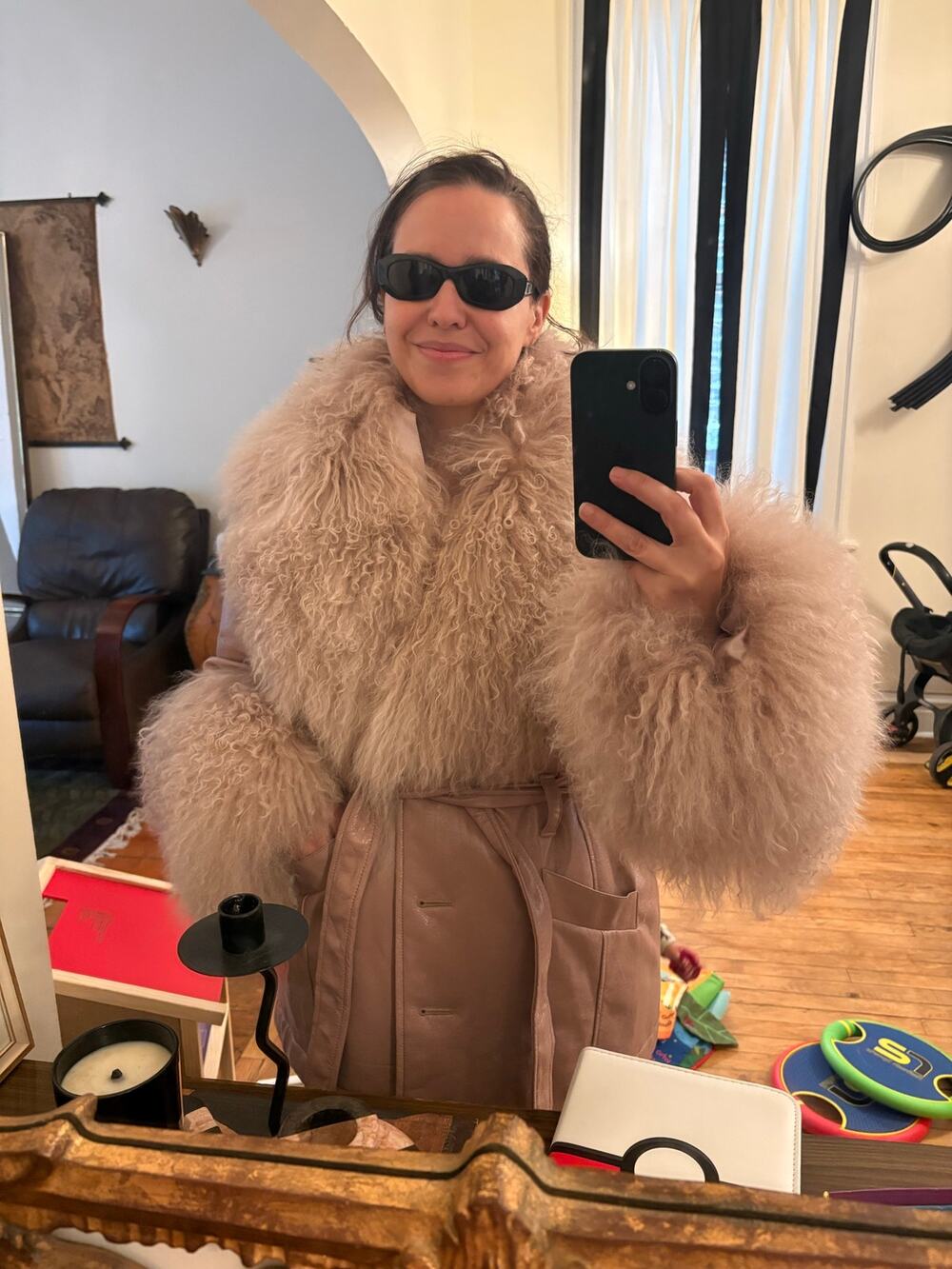 Cinq a Sept faux patent leather Mongolian fur pink jacket XL